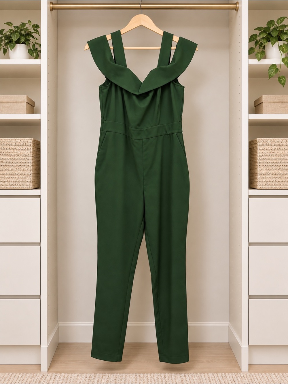 New York & Company Dark Green V-Neck Wide-Strap Jumpsuit